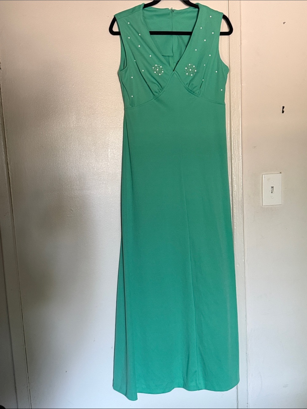 Women’s Teal Green Sleeveless Maxi Dress with Embellished V-Neck